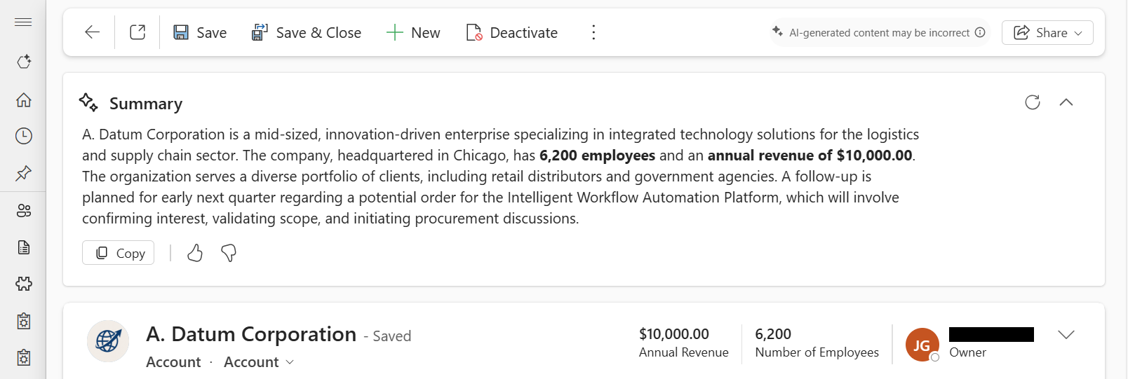Screenshot of an AI row summary in the Insights bar on a model-driven form